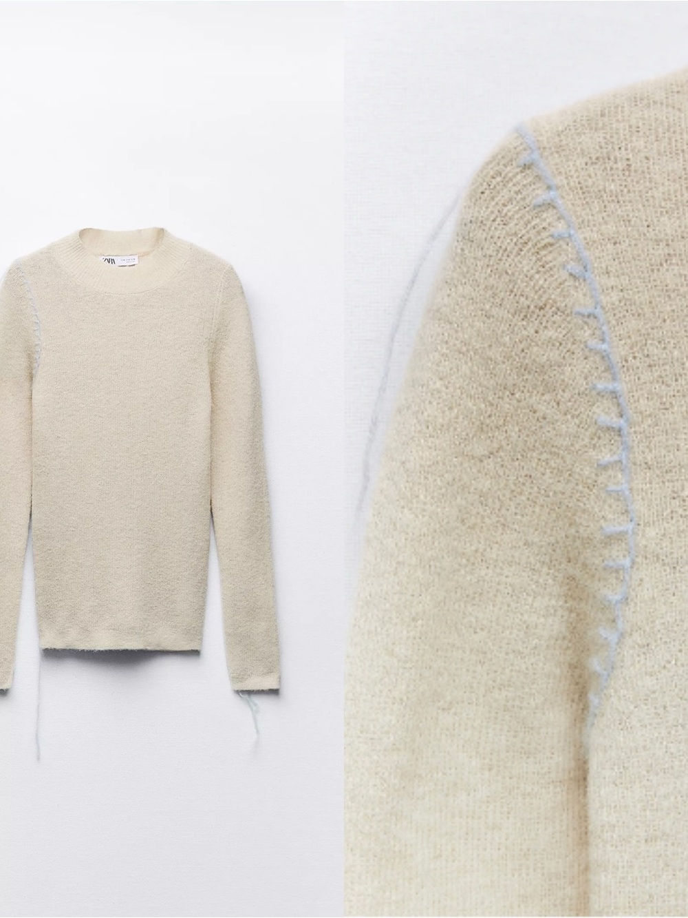 ZARA Wool Alpaca Knit Sweater Cream Contrast Stitch Long Sleeve M